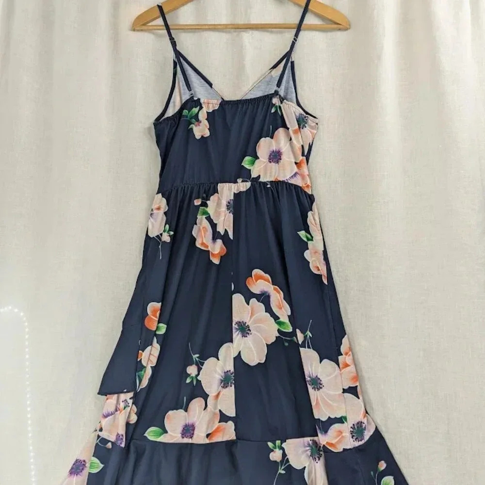 Navy floral, ruffle tank midi summer dress womens size large   D10 - Picture 5 of 10
